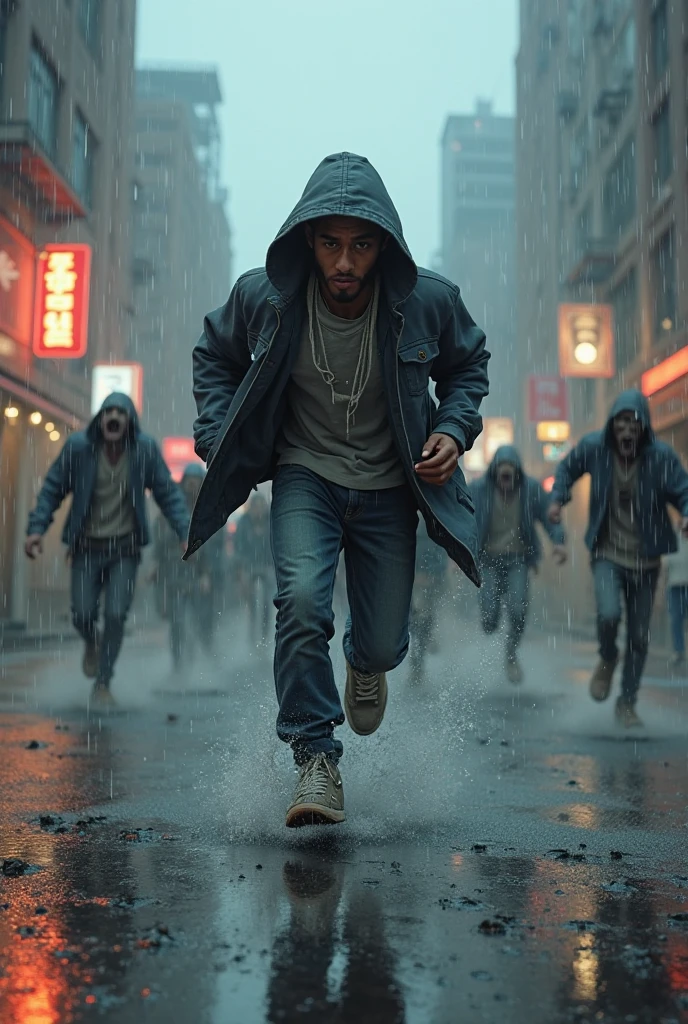 Juice WRLD walking in the rain while zombies are chasing him - SeaArt AI