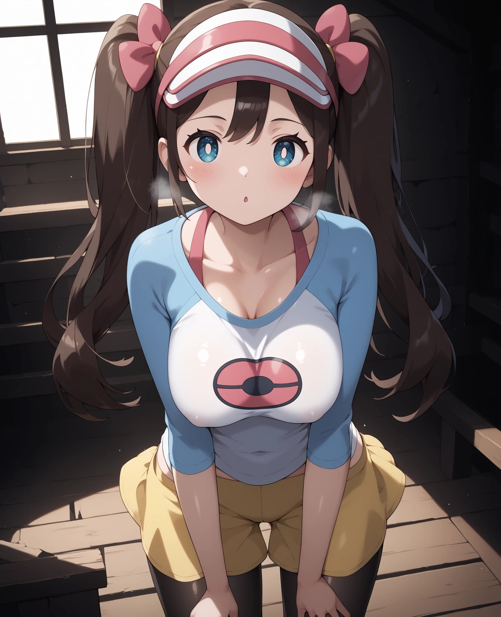 (Highest quality,128k, masterpiece:1.55, photorealistic, hyperrealistic), Ultra detailed face, Detailed lips, Detailed eyes, double eyelid,
BREAK (close up:1.25), cinematic angle, public indecency, trembling, (half undress, showing panties:1.5), pigeon toed, leaning forward,
BREAK 1girl, solo, (full breasts, pointy breasts, sagging breasts:1.5),
BREAK rosa, brown hair, double bun, doughnut hair bun, hair bun, blue eyes, hair between eyes, twintails,
BREAK (nipples through:1),
BREAK pantyhose, pantyhose under shorts, raglan sleeves, skirt, yellow skirt, white shirt, blue sleeves, long sleeves, visor cap, panties under black pantyhose,
BREAK outdoors, city, sky,