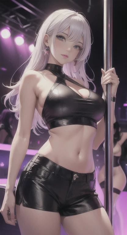 (masutepiece: 1.3), (max resolution: 1.2), (Ultra HDTV: 1.2), cinema lite, Ultra HDTV, (Detailed eyes and skin), (detailed facial features), 8K resolution, Sharp Focus: 1.2, Perfect Style, Beautiful Face, accurate, Anatomically correct, Highly detailed face and skin texture, Detailed eyes, Dark-blue eyes, Double eyelids, Thin eyebrows, (dropped eyes:0.65), (Glitter Eyeliner:1.2), Natural cheeks, (Sweaty skin), (Fair skin:1.2), shiny necklace and earrings, (Glossy lips: 1.4), BREAK, absurderes, One-person viewpoint, (She is Very Cute nightclub staff), (While Wearing a white String micro bikini:1.2), BREAK, (wear a Formal jacket:1.3), BREAK, ((skirt:1.2)), ((showing string panties a liittle:1.2)), (high heels), BREAK, (shy smile:1.2), ((18 years old, A Very Cute and neat girl:1.3)), (Various hairstyle), ((Dark Silver hair:1.4)), Medium Long Hair, BREAK. ((cowboy shot: 1.4)), (looking at viewer:1.2), ((Dancing with breasts sticking out:1.4)), (in the dance floor)), (Focus on breasts:1.6), (From below), (medium large breasts:1.2), cleavage, ((In the super erotic nightclub:1.4)),, BREAK, ((Pink neon lights:1.2)), (((dim lighting:1.3))),