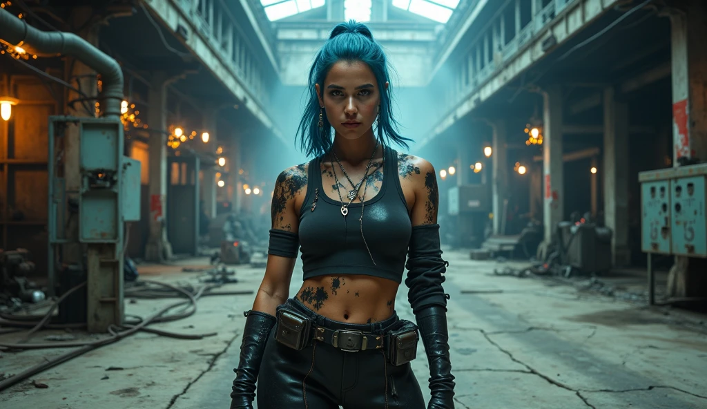 1girl, beautiful biracial woman with blue hair, blue eyes, extremely detailed full body, inside building covered by climbing plants, post-apocalyptic universe, survivor dirty clothes, large breasts, machete on back, crouching behind box and hiding, zombie infected by mushrooms behind, (best quality,4k,8k,highres,masterpiece:1.2),ultra-detailed,(realistic,photorealistic,photo-realistic:1.37),concept art,atmospheric lighting,cinematic composition,muted color palette,gritty and grim ambiance