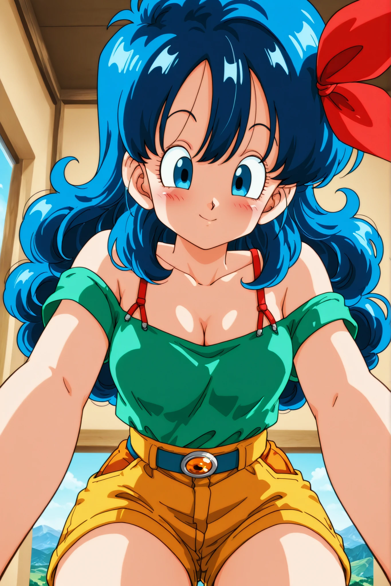nnm-hzmkra,
POV,
Indoor,
Anime screenshot, masterpiece, best quality, great quality, very beautiful, absurd, latest, (landscape, volumetric lighting),
Official style, 1990s style, anime coloring, retro art style, absurd, high resolution,
Delicious lunch (Dragon Ball),
Slant,
Smiling,
Looking down,
One girl, Solo,
Long hair, Curly hair, Blue hair, Blue eyes, Chest, Red ribbon, Medium bust,
Cleavage, Collarbone, Crop top, Green top, Off the shoulder, Shirt tucked in, Shorts,
Yellow bottoms,
Raised eyebrows, Pouch, Bored, Blushing
