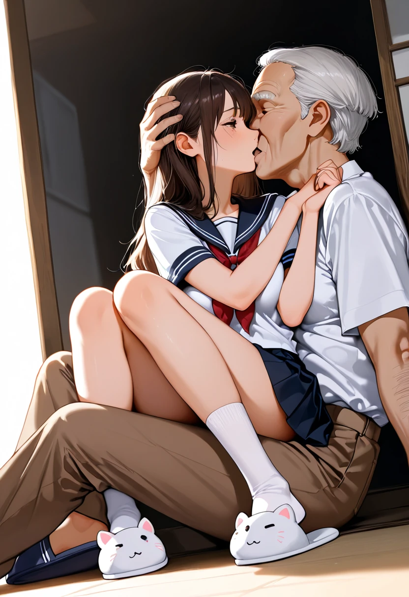 NSFW, (Masterpiece, Best quality, photograph realistic:1.4), (Shiny skin), (hyper HD, 8K wallpaper, high resolution), Perfect anatomy, Old man, pervert old man, Having sex, cock inside pussy is very visible, penetrating pussy, cum in pussy, lovely face, Cinematic lighting, Physically-based rendering, Award-winning, Extremely detailed skin, extra detailed face, Eyes with beautiful details, Carl Zeiss 85 mm F/1.4, Break, (((1man 1girl, Having sex:1.3))), (upright straddle, Face to face:1.5), On the floor, Break, Very cute 16 year old schoolgirl, (long hair and bangs), mediuml breasts,, (Wet white school shirt unbuttoned, Navy pleated skirt lift, black knee high socks, Loafer shoes:1.3), (1girll: nase, Blush mischievously, Drooling, Almost closed his eyes:1.1), (1人: A handsome (old man), Wearing a recruit uniform and (He grabbed the girl's breasts) Without expression:1.3), Break, (In the midnight classroom, Moonlight), Look straight ahead, View from below,