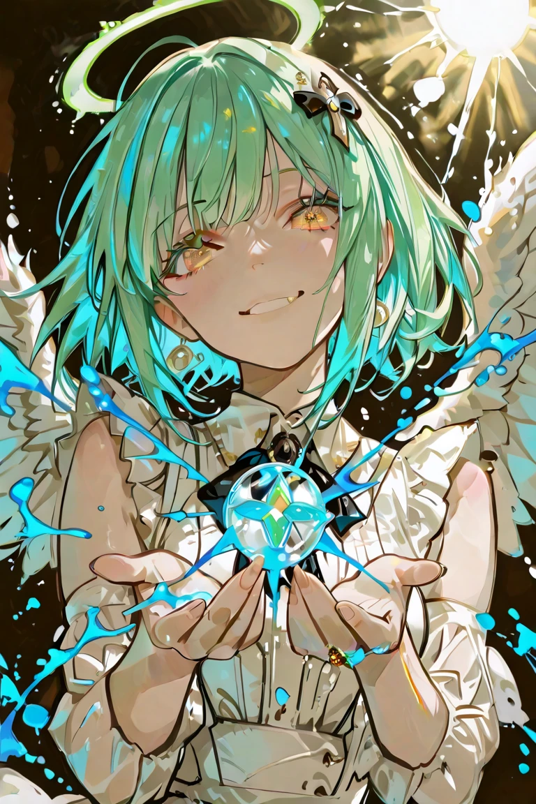 Angelic appearance, White Angelic Clothes, A very slightly unbuttoned white shirt, Star-shaped scars on the neck, The eyes are turquoise-green in color with yellow illumination and white pupils in the shape of a star, A small scar above the eye, Slightly unbuttoned shirt, Shining white hair reaches the jaw separates, becomes longer up to the coccyx, beautiful guy, skinny body, smile, cute lips, extremely beautiful guy smiling, angel aesthetic
