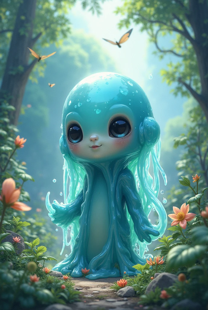Envision a whimsical fantasy world where a colossal, cute, blushed, and irresistibly translucent transparent ethereal very Happy Summer flowers and sunlight slime takes center stage. Picture the slime with a mischievous charm, its surface reflecting a soft glow. Amidst its translucent body, an unexpected sight catches the eye  Butterflies suspended within its stomach. This charming and slightly perplexing scene invites you to explore the magical and endearing mysteries of this fantastical realm, where even the most mundane objects take on a delightful and surreal twist within the embrace of the giant, lovable slime.