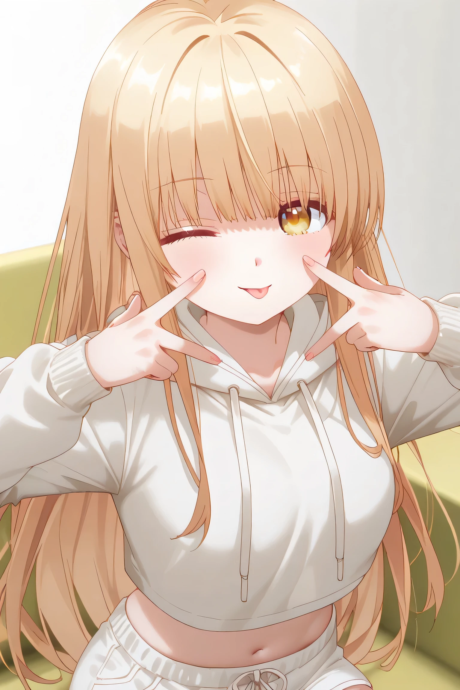 Mahiru Shiina: cropped hoodie, white shorts, making a V sign with fingers near eye, one eye winking, tongue out, mischievous and teasing expression