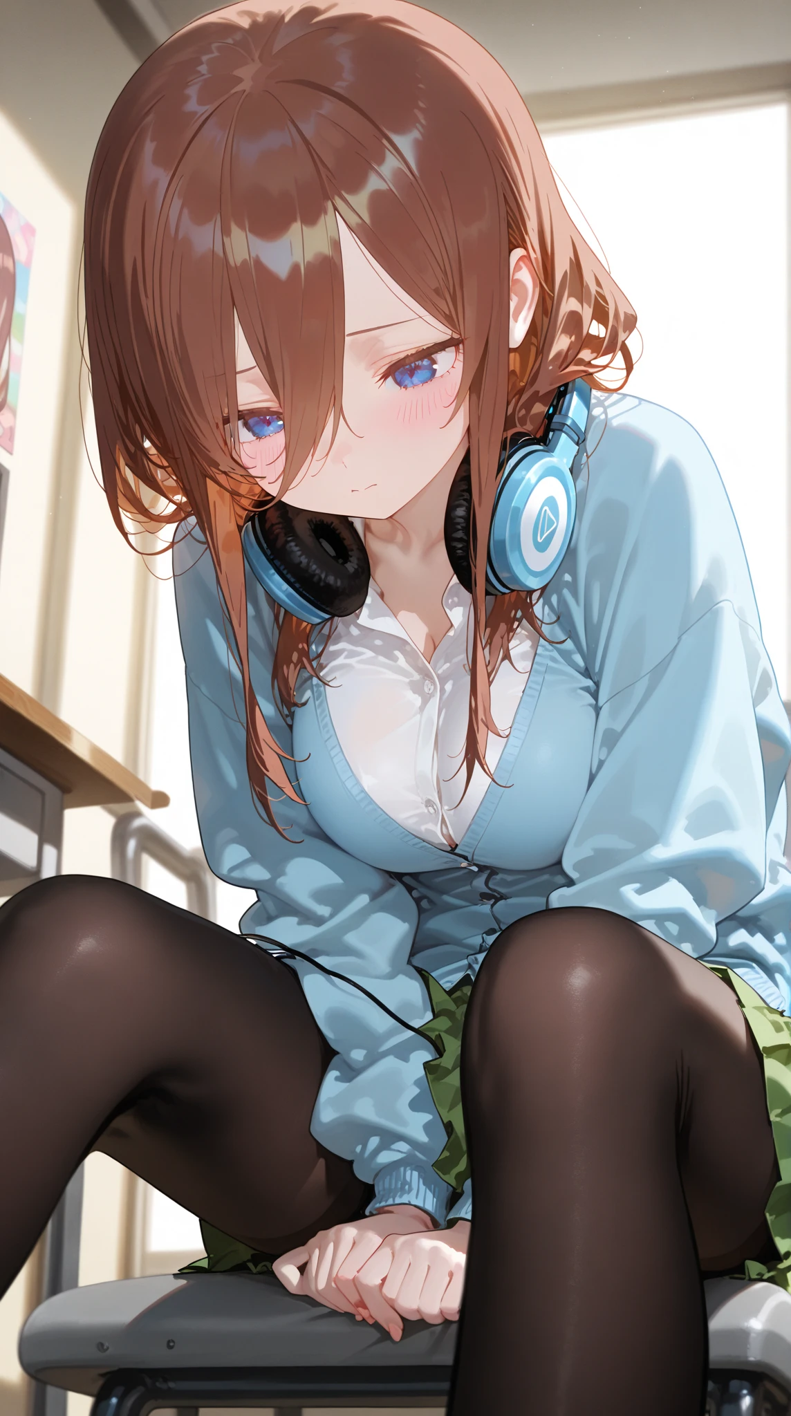 (8K, Highest quality, Highest quality, masterpiece), sit on the floor, (denim hot micro shorts), (vulva peek), big breasts, ((spread legs 1:2)), nm1, headphones around neck, long sleeves, blue cardigan, pantyhose, (fullbody), smile, school uniform, open jacket