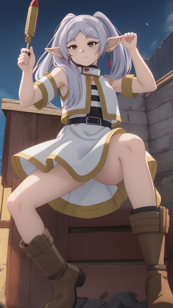 1girl、footjob to penis、evil grin、dark blue hair,,long hair,blue eyes,pointy ears,elf,dress、Shoulders are exposed、((Raise your knees))、Plump thighs、(foot on penis)、((sexy))、1boy、boy is hero、(penis)、(amazon position)、(The man is wearing armor)、The man is lying on the ground、((eject cum))、(On the unpaved roads of the village)、((Angle from below))、Stepping on the penis、
