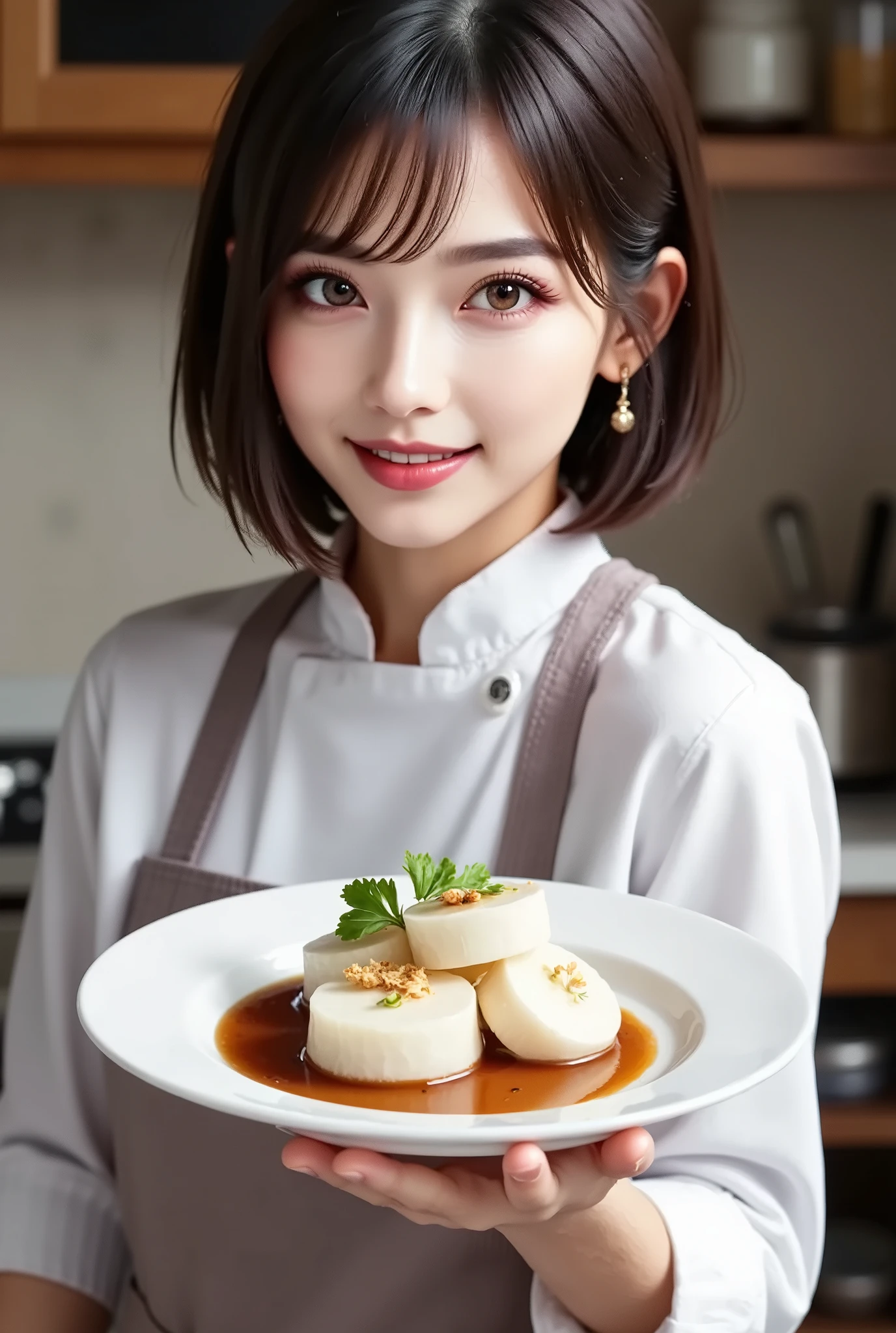 ((A dish with daikon on a plate and demi-glace sauce on it)), 皿を持ってSmile Yan, home kitchen , 🧑‍🍳 ,Smile Yan