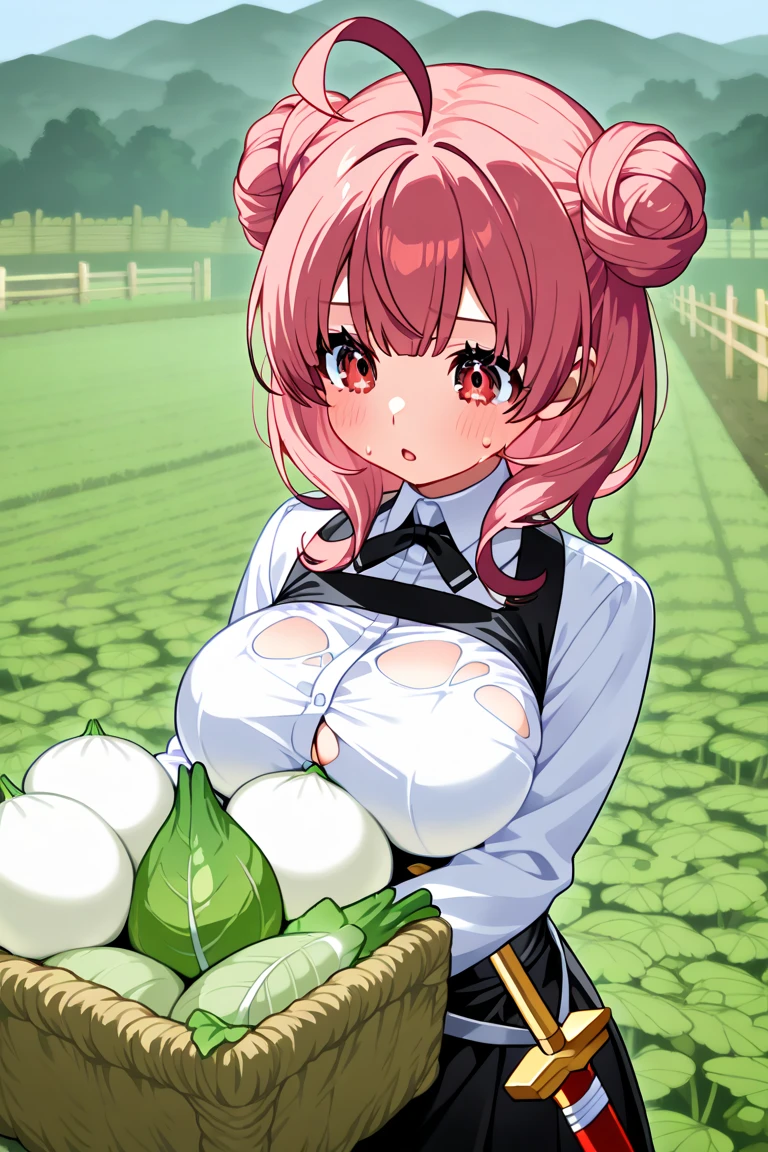 (masterpiece), (best quality), (ultra-detailed), (illustration), (an extremely delicate and beautiful), sagging breasts, disproportionate breasts, 1girl, solo, breasts, looking at viewer, blush, bangs, skirt, large breasts, dress, bow, holding, cleavage, closed mouth, standing, yellow eyes, pink hair, pantyhose, cowboy shot, micro bikini,outdoors, frills, food, sleeveless, day, hood, bowtie, mole, apron, tree, black pantyhose, black bow, red skirt, grass, nature, white apron, hood up, forest, mole on breast, brown panties under pantyhose, pantyhose, black bowtie, apple, basket, red capelet, hooded capelet, red hood, skirt lift by myself, very short pleated miniskirt, showing panties, bottomless,