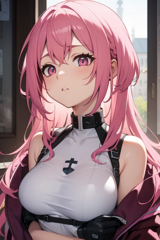 masterpiece,best quality,insanely detailed,exquisite,beautiful,16K,absurdres,BREAK,female_Pervert,girl,1girl,BREAgirl、jitome, wet eyes, upturned eyes, lips, open mouth, tongue out, chin up, cupping one’s hands togethers ,close up,,BREAK,Earth Federation Operator Girl Soldier、Medium Breast、Pink long hair、Cute like an idol、Childish face and appearance、Operator intercom mounted on head、Accurately drawn faces、latex,nsfw,