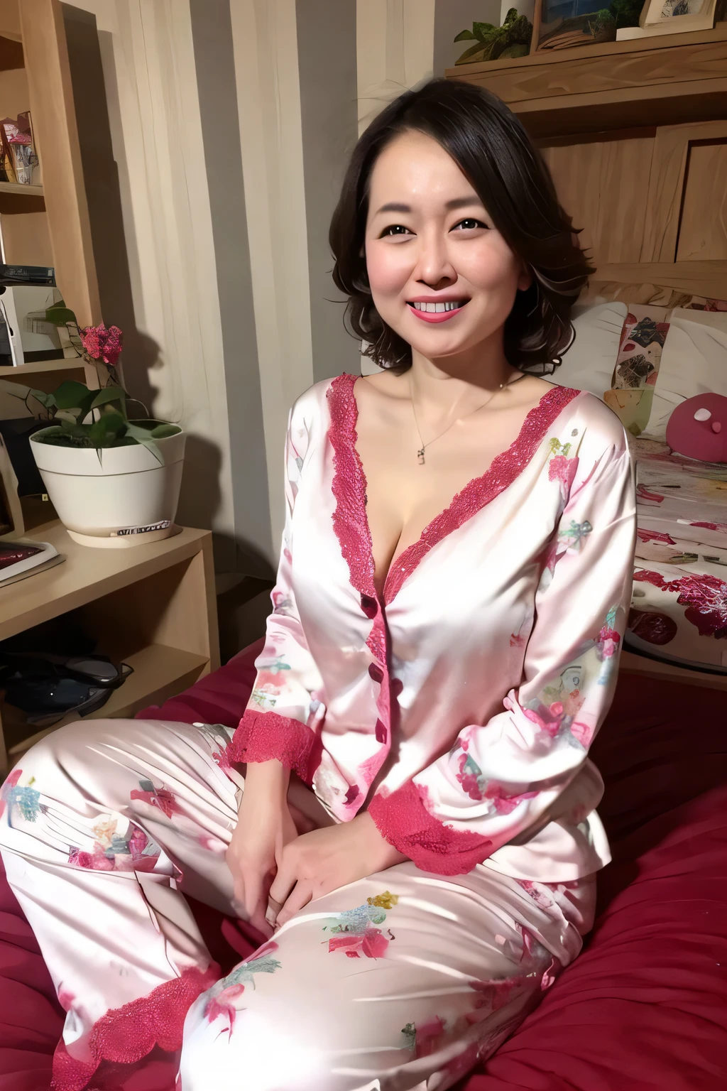 Mature elegant Japanese woman, 55 year old mature woman, Lady, Detailed face, Beautiful Lips, extremely Detailed face, Long eyelashes, Chubby body type, A kind smile, Small Bust, Sheer Lingerie, whole body, sexy, glamorous, (Low Ponytail), Pearl Necklace, Red lipstick, Sensual, Fascinating, (Spread your legs), (Wear glasses)
