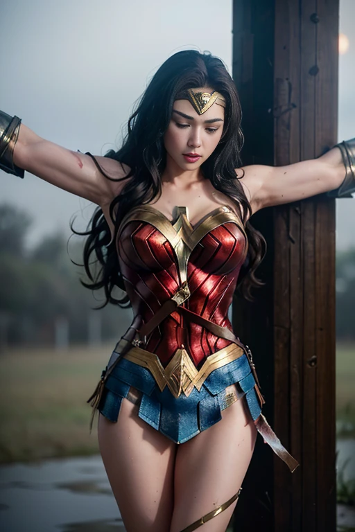 1girl, beautiful girl, wonder woman, skirt, hanging, half body, (close eyes:1.3, weak, powerless, sleep), bruises body, ((lying on the bed)), bondage, slavery, restraint, (basement wall background, dirty, dark, creepy), best quality, masterpiece, arms up, comic style, cartoon source, Indian super model, wearing wonder woman outfit, sexy , huge breast, cleavage, oily skin, lusty looks, plus size model, sexy expression, high end makeup, smokey eye, black ponytail hair, 8k, cinematic, face mix of alia bhatt and deepika padukone