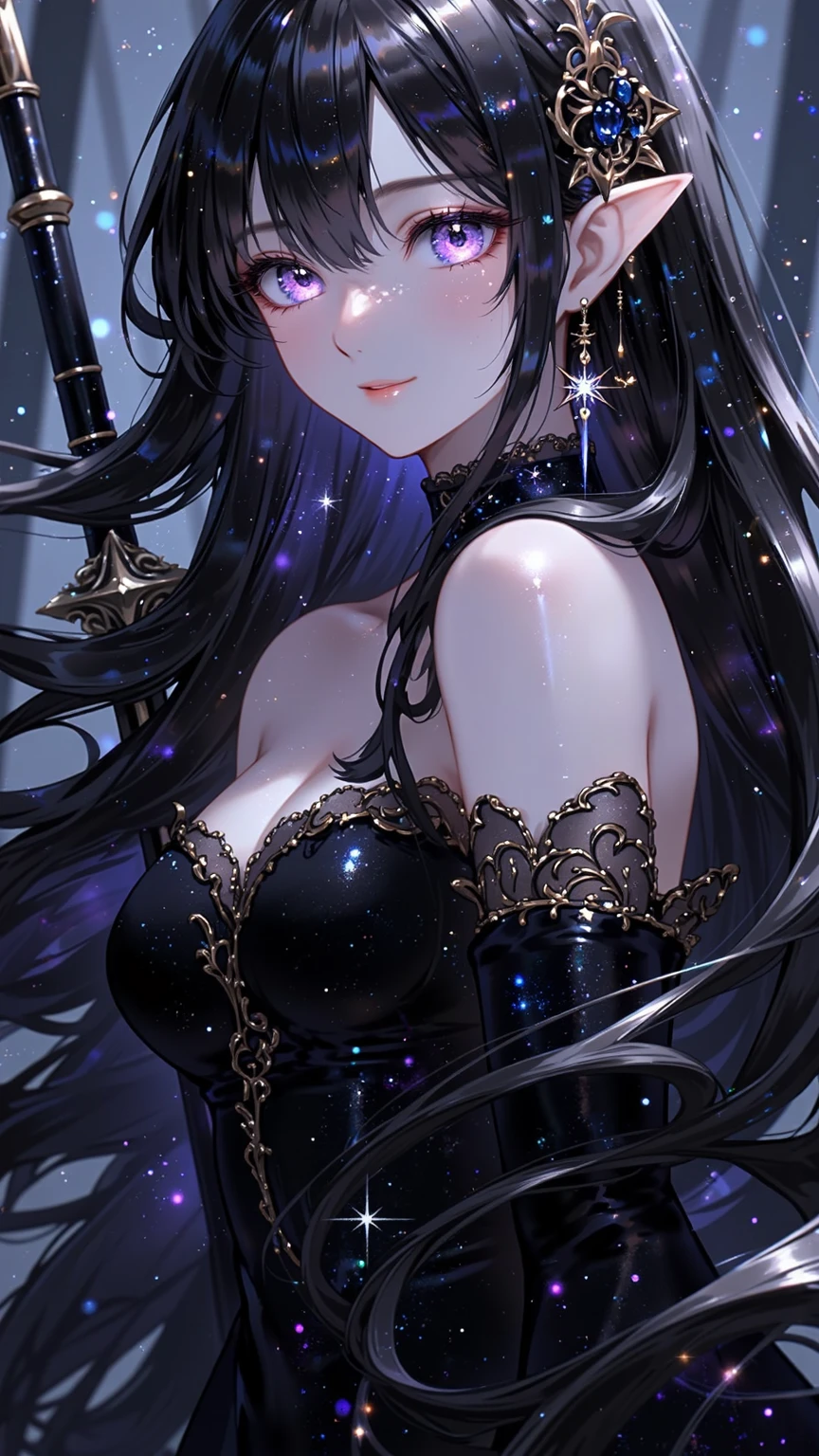 Woman with very long wavy dark hair and huge unrevealing breast wearing a beautiful glitter dress and smiling up. Little, surrounded by the night sky and galaxies