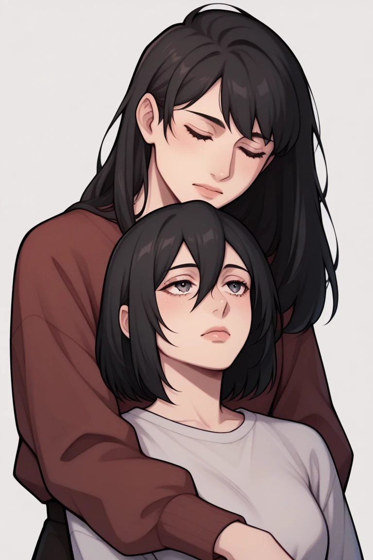A dark-skinned girl with a chubby build, Long black hair, black eyes, She hugs a boy, The boy has black hair, His eyes are brown and the boy's skin is white., The boy is tall and has a slim build..