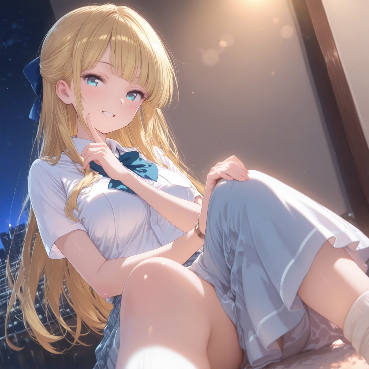 (Highest quality:1.2, 4K, 8k, Studio Anime, Very detailed, up to date, Vibrant, High detail, High Contrast, masterpiece:1.2, Highest quality, Best aesthetics), (((1 Girl))), Sit and pose, JK, Sailor suit, Pleated skirt, loose socks, loafers, Open your mouth a little:1.2, smile, Dynamic Angle, look up:1.3, Friendly atmosphere, Beautiful Hair, Shiny Hair, Beautiful Skin, Detailed face and eyes, Glossy Lips, Curvy Women, Striking contrast,