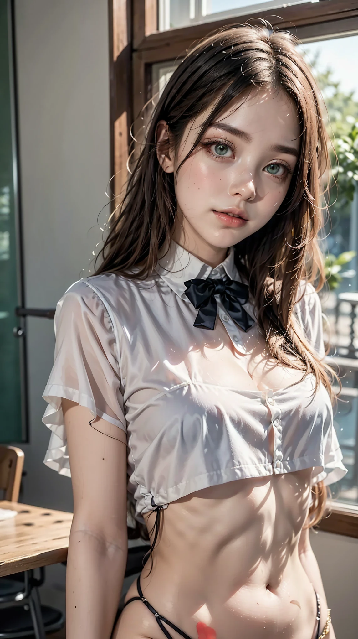 (front focus、perfect anatomy:1.5)、(super detailed、16k quality、real skin: 1.6)、hyper realist、real.cinematic lighting、highly detailed face、1 beautiful thai girl、 (14 year old beautiful half Thai/Japanese girl、smile:1.3)(Short Blonde Blonde、big slit eyes、eye shadow、eyeliner、green color contact lenses:1.5)flashy gal makeup(unbalanced chest:1.4)(黒くsunburnした肌、black skin:1.8)sunburn、eyeliner、red lips.break.Luxurious bath、(Let's wear school uniform and take a bath 、Drenched、Uniform white shirt:1.4)、Red check mini pleated skirt、open-chested white shirt 、cleavage、(very wet and transparent:1.4)White bathtub、jacuzzi、full bath、vapor、luxury room、(champagne、wine)movie spotlight