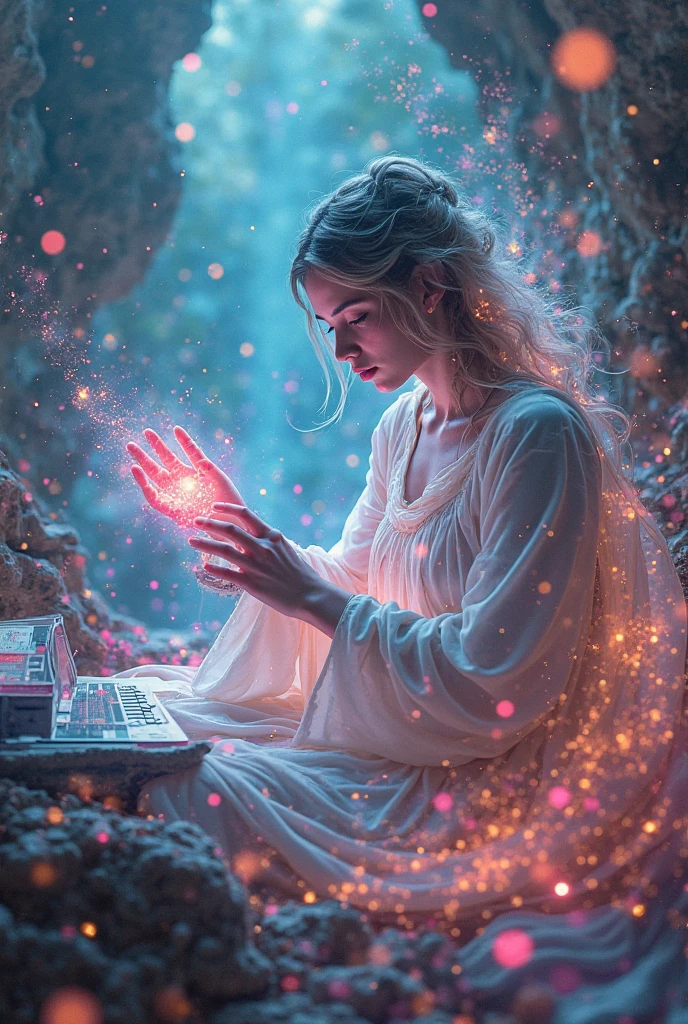woman using a smartphone in front of a colorful background, using a magical tablet, goddess checking her phone, amazing contrasting background, glowing with colored light, girl looks at the space, scintillating, she is holding a smartphone, beauty woman in holograms, wallpaper mobile, glowing background lighting, glowing screen, amazing depth, glowing lights! digital painting