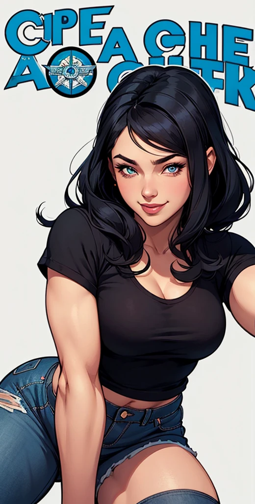 (cartoon style:1.2), Drawings of ([Woman]), wearing blue shirts, perfect eyes, detailed face, black background, fun posing, flirty look, Centered, scale to fit the dimensions