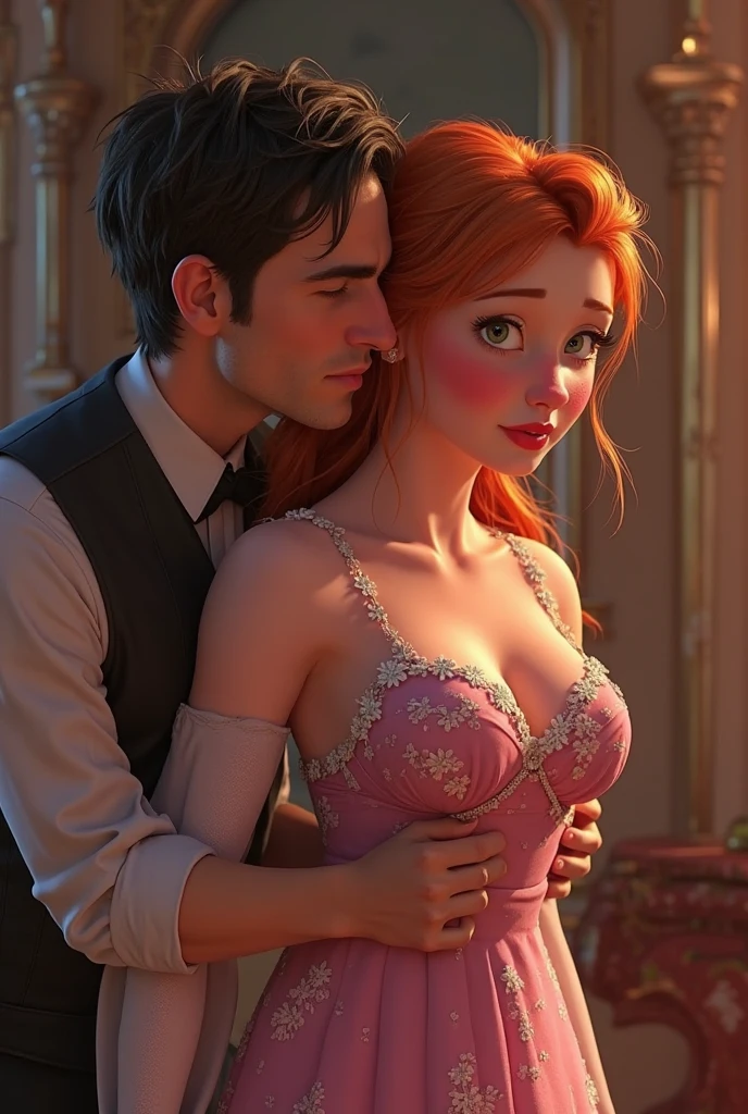 Wedding day, dreamy garden of pink flowers, bride red hair, heavy makeup, eyelashes, red lipstick, crystal blue eyes, high detail white wedding dress, sexy breasts, pink damask roses garden background, amazing sky, waiting for the groom , blowjob POV deep