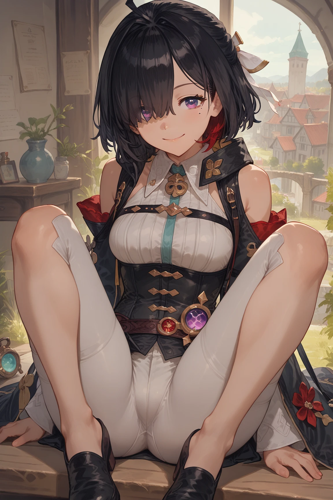 ((Highly detailed)), GenshinImpact ((Kujo Sharo)), soft illumination,  Perfect human hands,woman in relaxed pose)) , Super perfect body curve, masutepiece, 4K, Detailed mid-chest, Perfect face, (20 years old) , Fit Figure,  Gorgeous perfect face, Happy expression, Open mouth, Realistic style and ultra-detailed rendering, superrealism, Ultra-realistic oil, Contour Shadow Procesull Body Portrait)), holding a bow with both hands,full of sweat,streaks,Open your legs,Opening legs,full nelson,sit in a squatting position