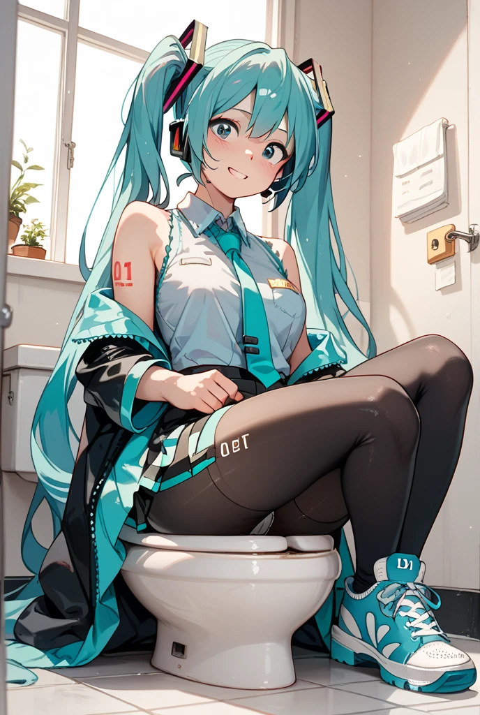 1girl,miku,Vocaloid,portrait,clearly,detailed,camel toe,white knee socks,in the bathroom