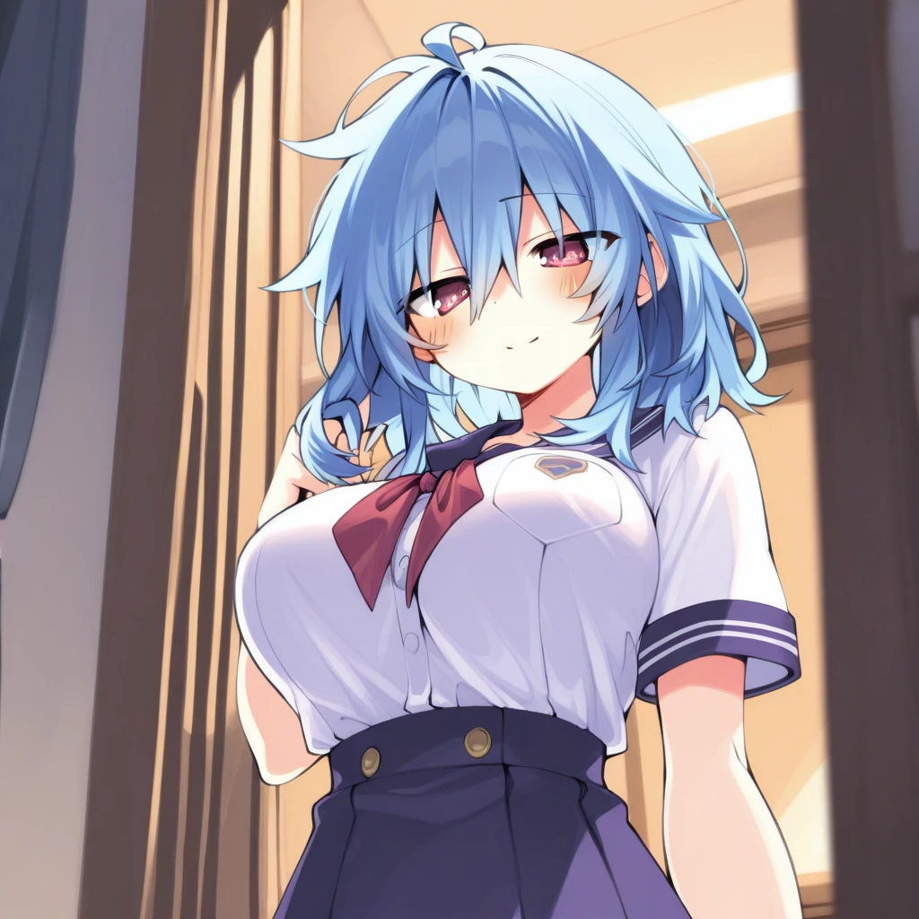 pieces fly, highest quality, anime images, anime style etc.., hired \(genshin impact\), sitting at the table, view from above, cheeks are bright red,super embarrassing, dislike,The face of patience,1 girl, twin horn, ticker,fit figure, I can see the pussy , blush, colorful pastel fantasy,sexy pose,super detailed background,quality scenery,Ultra-realistic pubic hair,sailor suit,blue hair