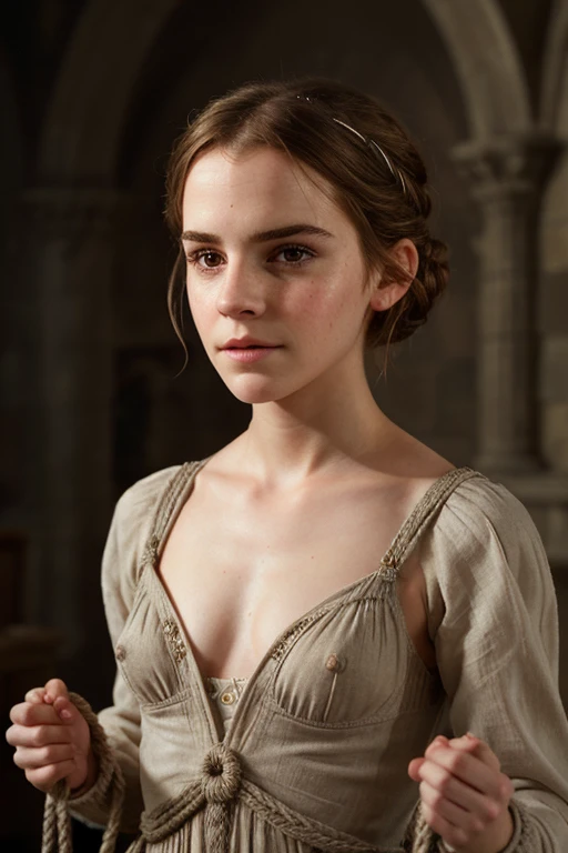 Create an extremely realistic image of a young Emma Watson. Make them look like they did in the movie “Prisoner of Azkaban”.. Lassen Sie sie nur ein durchsichtiges Oberteil tragen