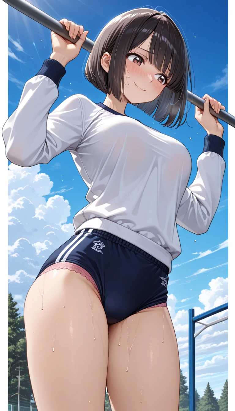 (beautiful girl : 1.3), 1 woman ,(white gym clothes,long sleeve,take off dark blue buruma,pink panties, pubic hair),dark haired,bob cut,Smile Yan,embarrassed,sweat,hangs on a horizontal bar,Hands Up,Prairie,Blue Sky,cloud,Sunshine,masterpiece,top quality,Rich Contrasts,High Definition,8k,high definition CG unit wallpaper,Textures,unbelievably absurd,RAW pictures,Deep Border 1 .2,very detailed