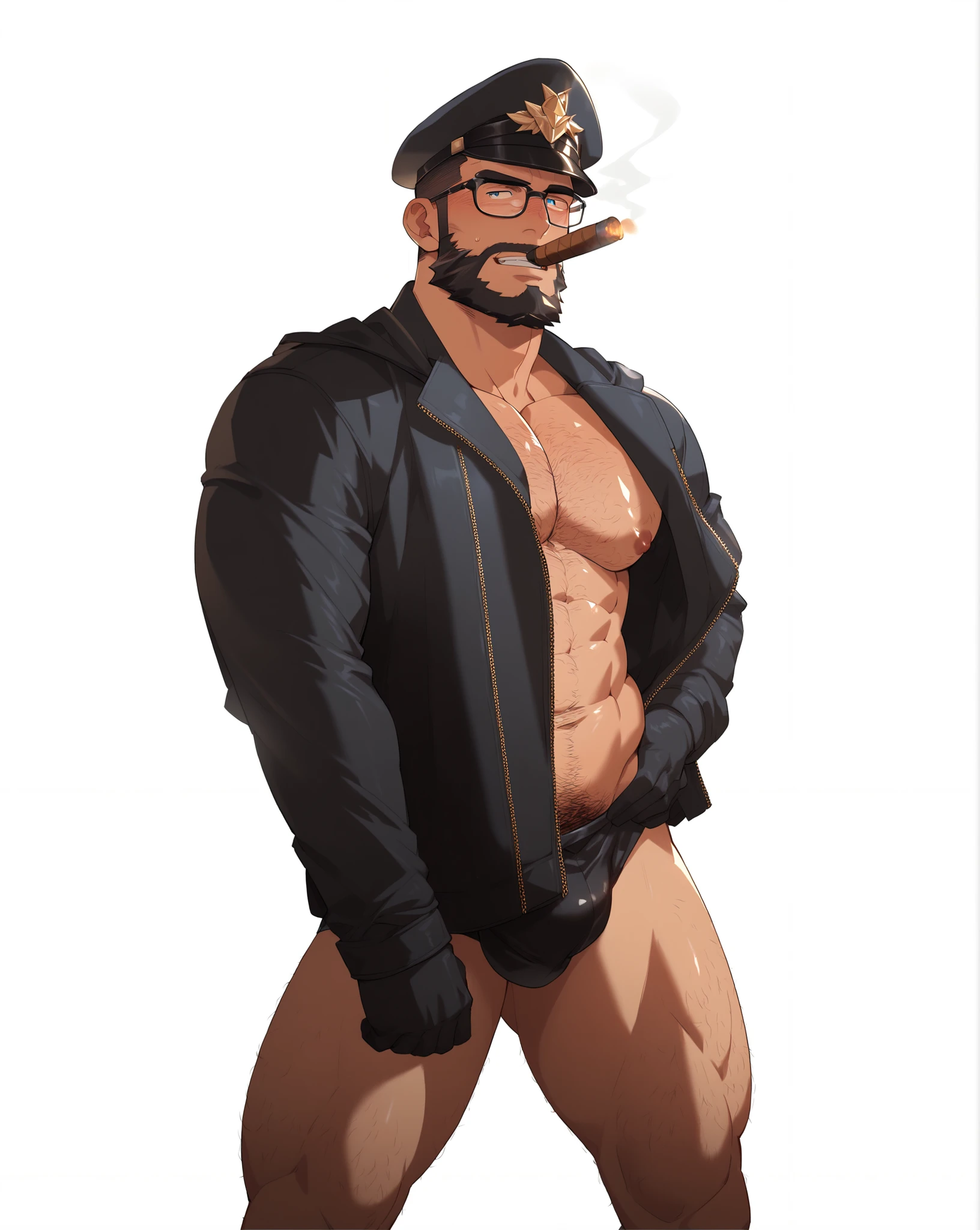 Masterpiece, best quality, male, big body, gay men, handsome face, thick body, huge breast, female breast, shiny, nipples, cartoon anime, mature man, bara, bearded, hairy, smoking a cigar, wearing black glasses