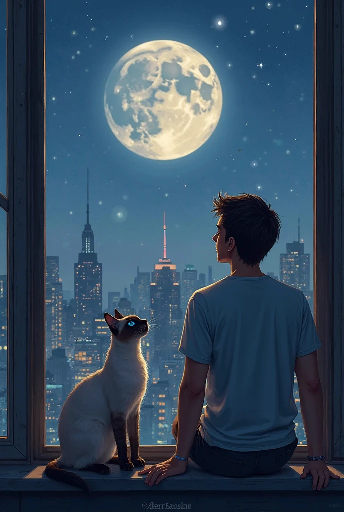 there is a boy looking out a window at the moon, night stary sky full of stars, bright moon, watching the stars, silhouette of a boy and his cat, window into sky behind them, looking at the stars, looking out, watching the stars at night, window to night time, view of a city 