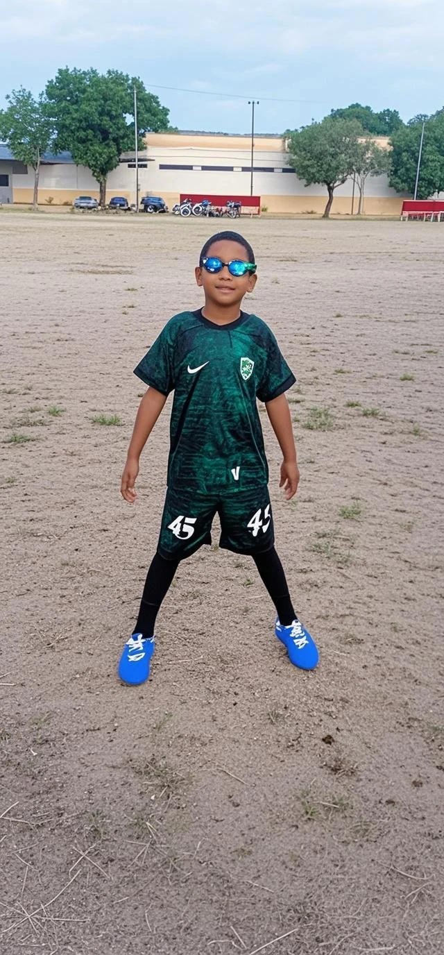 retrato de um , 10 anos, no campo, campo verde, 8k, ultra realista, foto raw, corpo inteiro, standing on, black pant, black sneakers, --auto