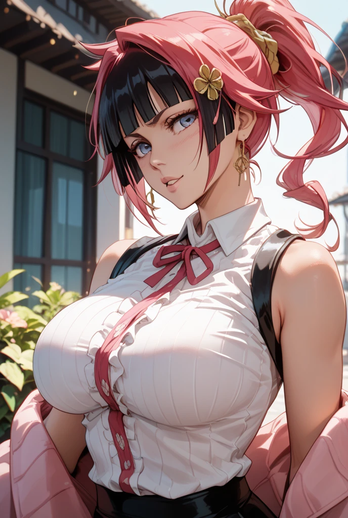 a 20 age chubby girl, your face has strong pink makeup, wearing a long whitegolden wedding qipao, whitegolden eyes, beautiful detailed eyes, sensual pose, suggestive pose, evil smile, very long hair, lightred hair, long ponytail hair, light and transparent veil filling with charm and seduction, stunning beautiful artwork, maximalist, by artgerm, 8k anime artwork, 8k photo, trending on artstation. looking at the viewer, masterpiece, best quality