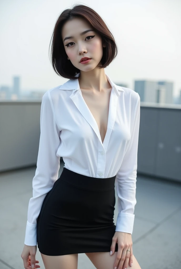 masutepiece, Best Quality, Photorealsitic, finely detail, hight resolution,beautiful japanese woman,beautiful detailed eyes, beautiful detailed lips, extremely detailed face, small head, small areola, cinematic lighting, photorealistic, 8k, high quality, hyper detailed, look at me,smile,(dress shirt),( pencil skirt:1.2),(short hair:1.2),(random outside location),(medium breasts:1.2),(portrait:1.3),slender,beautifull legs,(cleavage:1.3),(sexy posing),mini skirt, (bokeh:1.3) (black pantyhose:1.2),rihoyoshioka