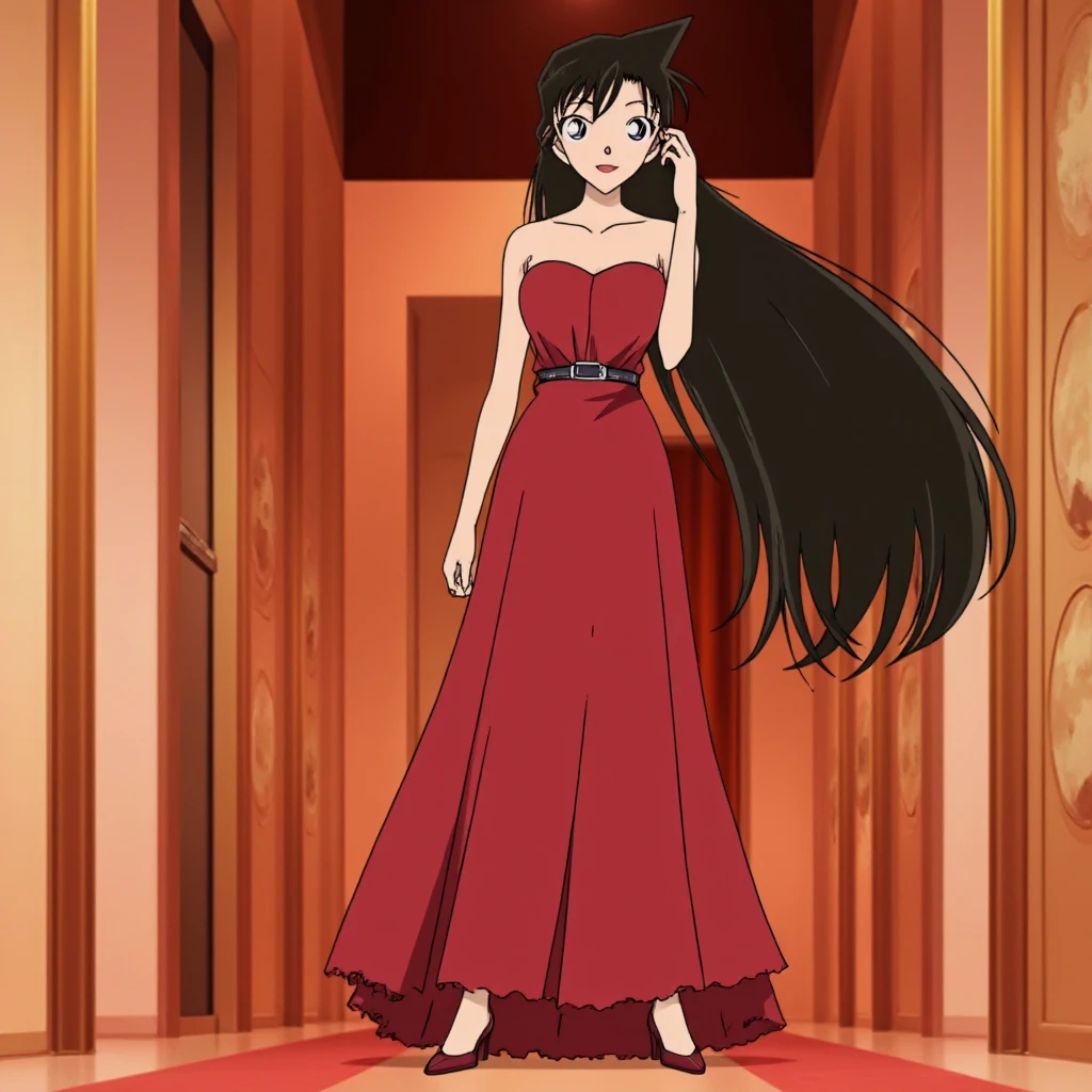 (looking at the viewer:1.2),animaed,best quality,masterpiece,extremely detailed,detailed eyes,dramatic lighting,slender,stylish_pose,standing,smile,<lora:KyokoAoi001:0.7>,KYOKOAOI,mature female,1WOMAN,LONG HAIR,BROWN HAIR,BROWN EYES,LIPSTICK,delicate dress,red dress,BLUSHING,LONG HAIR,earrings,bracelet,cleavage_cutout,bare legs,cute choker,party,1990s (style),retro artstyle,cowboy shot,solo,