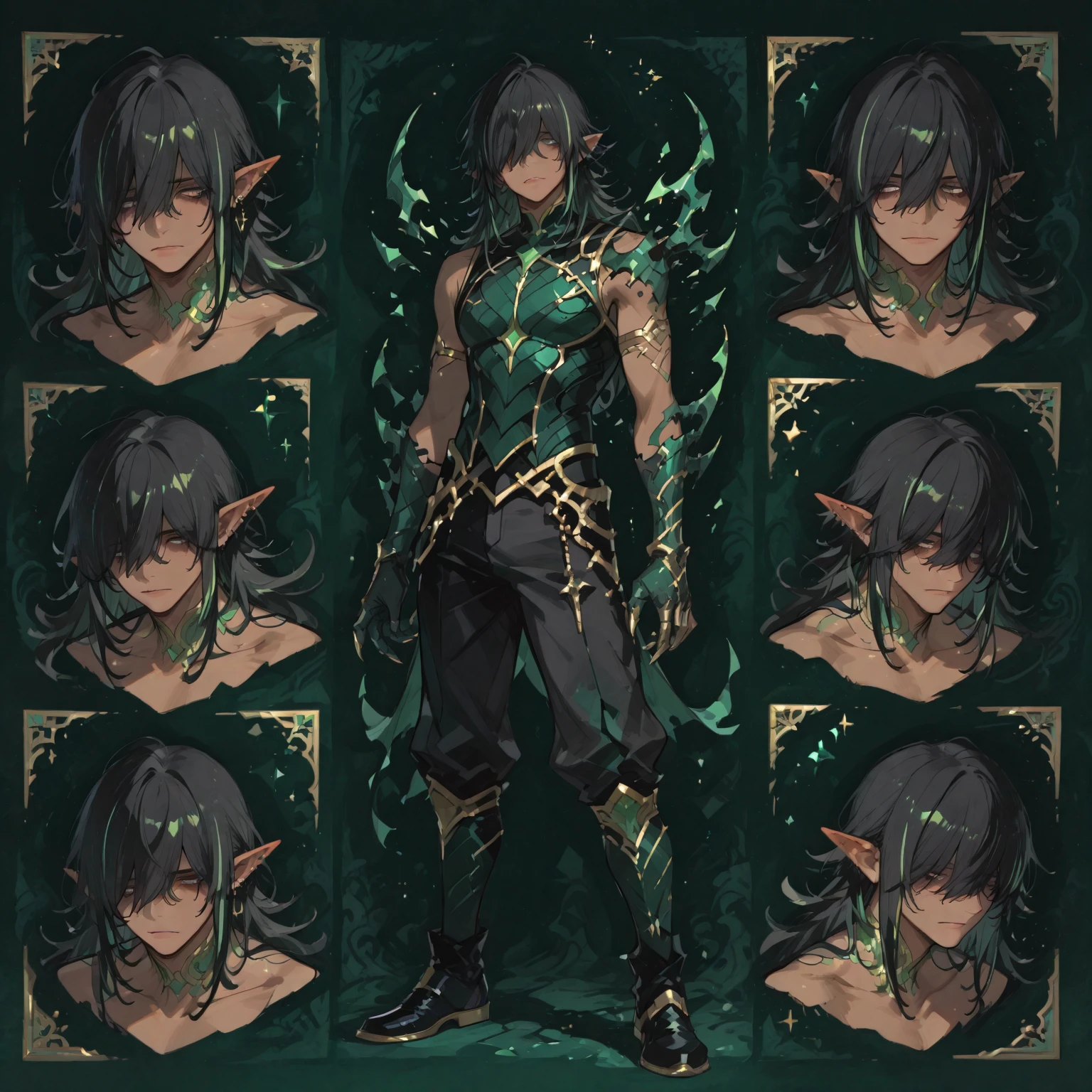 (absurdres, highres, ultra detailed), 1 male, elf adult, handsome, tall slender guy, narrow shoulders, finely detailed eyes and detailed face, messy shaggy black hair, side bangs, bangs, green eyes, sexy twink, shirtless, final fantasy 14, dog collar, model sheet, character model sheet, reference sheet, multiple poses of same character, front and side view