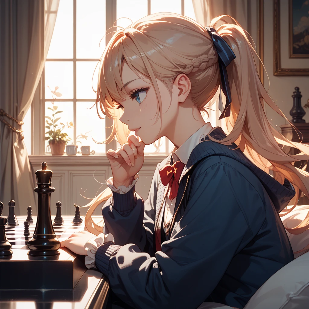 top-quality、Beautiful schoolgirl playing chess