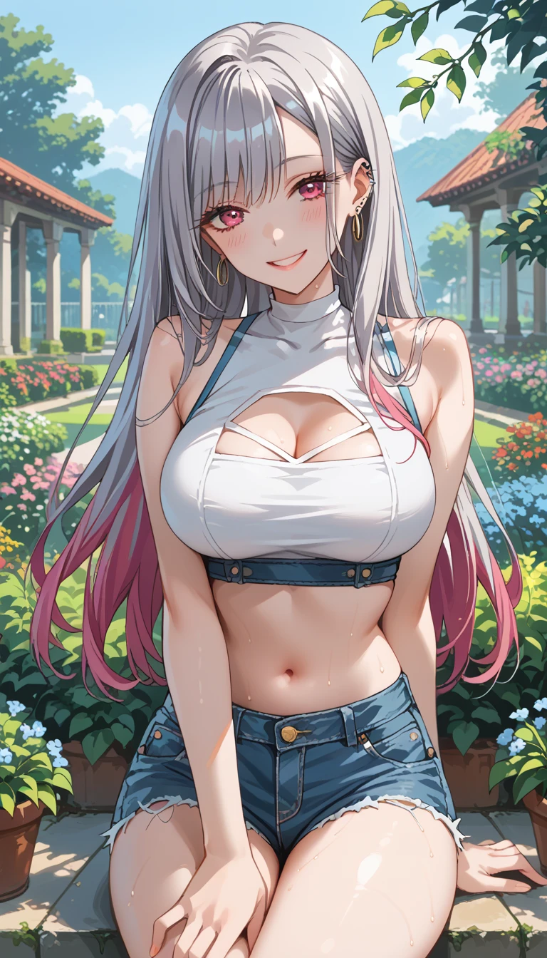 Masterpiece, high quality, 8k, ultra detail, ((kamisatoayakarnd)) standing, night,outdoors, (crop top), navel, (shorts), (off shoulders:1), choker, smile, armpit, (large breast), (nude arm)