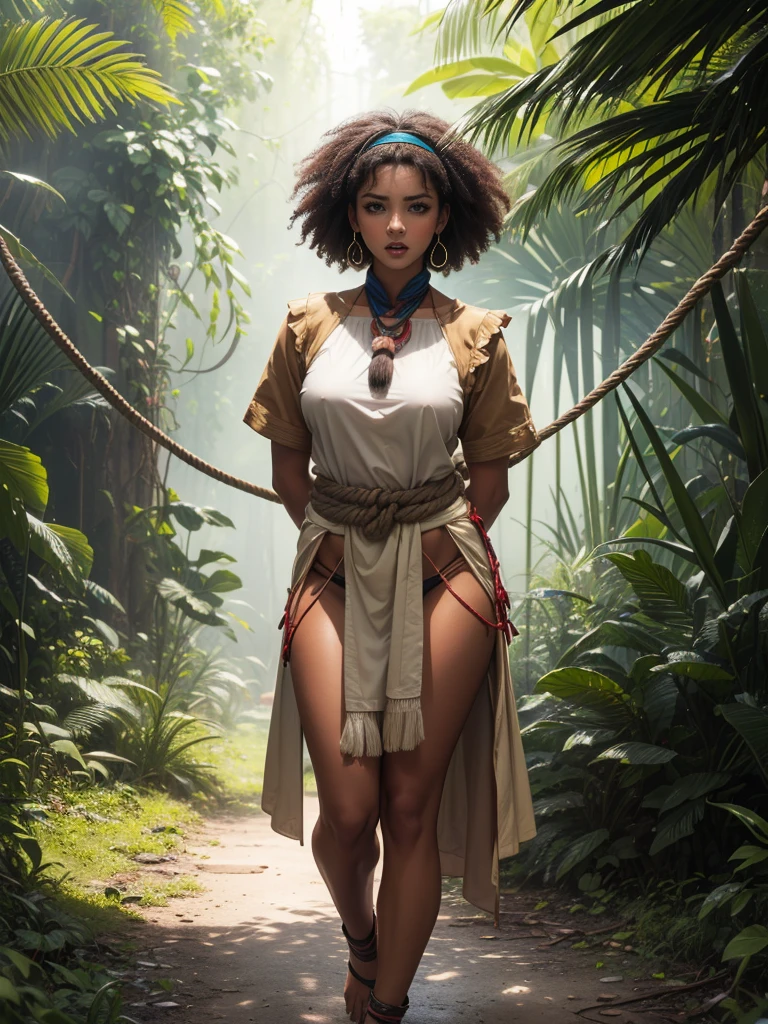 Beautiful, amazon native woman, (((brown skin tone))), black medium hair, hairband, Afro American, dewy complexion, long eyelashes,soft-petalled lips,(beautiful detailed lips:1.1),(medium breasts:0.9),youthful appearance, black locks cascading down, seductive sexy pose,(jungle background:1.1),soft sunlight, pastel color palette,(best quality:1.2),(highres:1.1),(realistic:1.37),(physically-based rendering:1.1),(vivid colors:1.1),(soft lighting:1.1), full body, (((visible feet))), native clothes, (((loincloth))), (((primitive native worn blouse))), primitive leather native clothes, captured, sweaty, blushed, (((tied hands with ropes))), (((arms behind back))), (((panic face))), (((frightened))), (((struggling))), (((full body)))