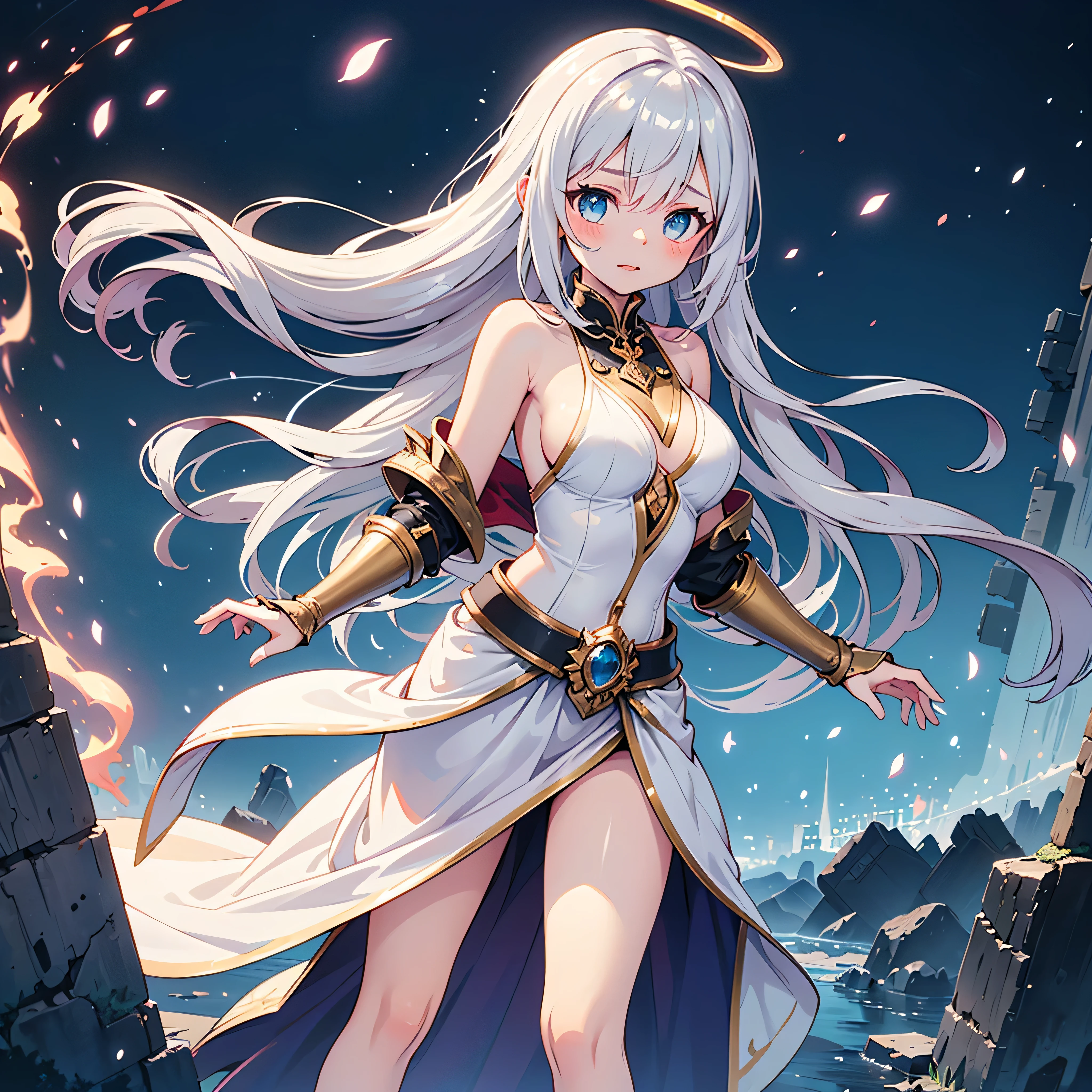 masterpiece, best quality, flugel enchantress girl, translucent white magical dress with gold trim, sideboob exposed through spellbound gaps in fabric, floating spellbook glowing, wings partially open with arcane light, golden halo, teasing look, long silver hair over shoulder, standing atop glowing ruins at night, light particles, sfw sexy, fantasy anime style