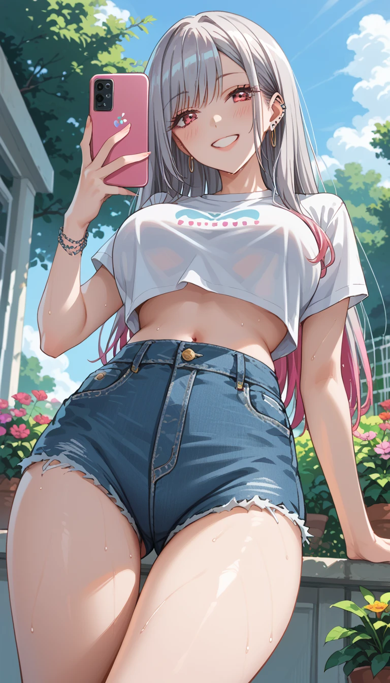 The pieces fly、Highest quality、High resolution、Hmph、Pixel perfect、1 girl、cute、Perfect body、Anatomically correct、Beautiful eyelashes, Realistic eyes、smile、((Clear pink heart print bra))、((Clear pink heart pattern panties))、Wear only underwear、Smooth texture:0.75、Outdoor blue sky、I can see your pants、I can see your bra、Bright overall、Cinematic Light、Angle from behind、(Turn your buttocks towards you)、blonde、blue eyes,Large Breasts