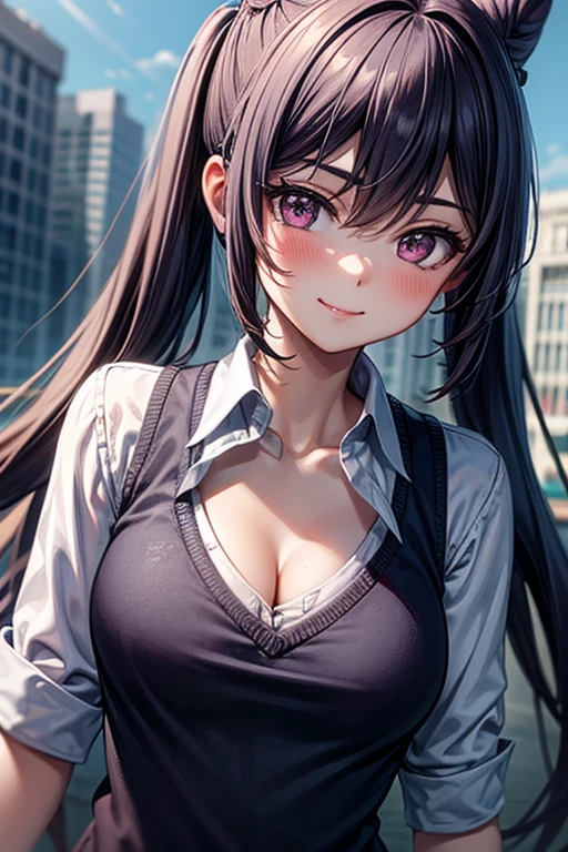 (highest quality, 4k, 8K, High resolution, masterpiece:1.2), Super detailed, suburbs, main road, night time, (1 person, , big breasts, blazer, open the front, white shirt, blue tie, pleated skirt, mini skirt, black socks), (smile), glossy lips, soft lips, view audience, black hair, wavy hair, cute, genuine, young beauty, close-up shot of face,