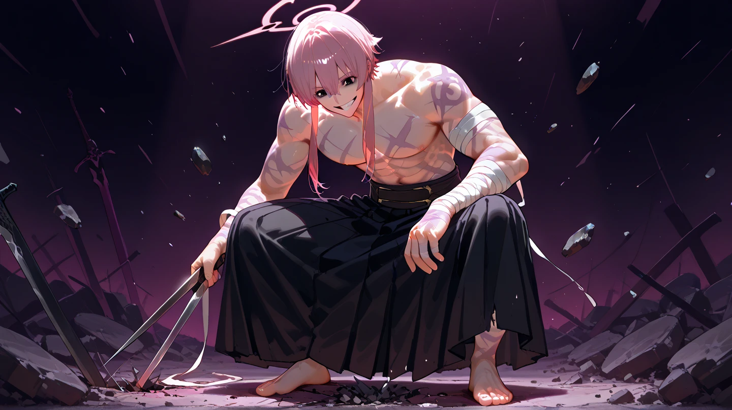a close up of a man holding a sword and a sword, handsome guy, male anime character, ripped clothes holding whip, beautiful male god of death, legendary god holding spear, detailed anime character art, muscular!!, most strongest pose, muscular character, strong and imposing Sukuna, Sukuna, Sukuna, Sukuna , jjk , jujutsu kaisen Sukuna, four arms