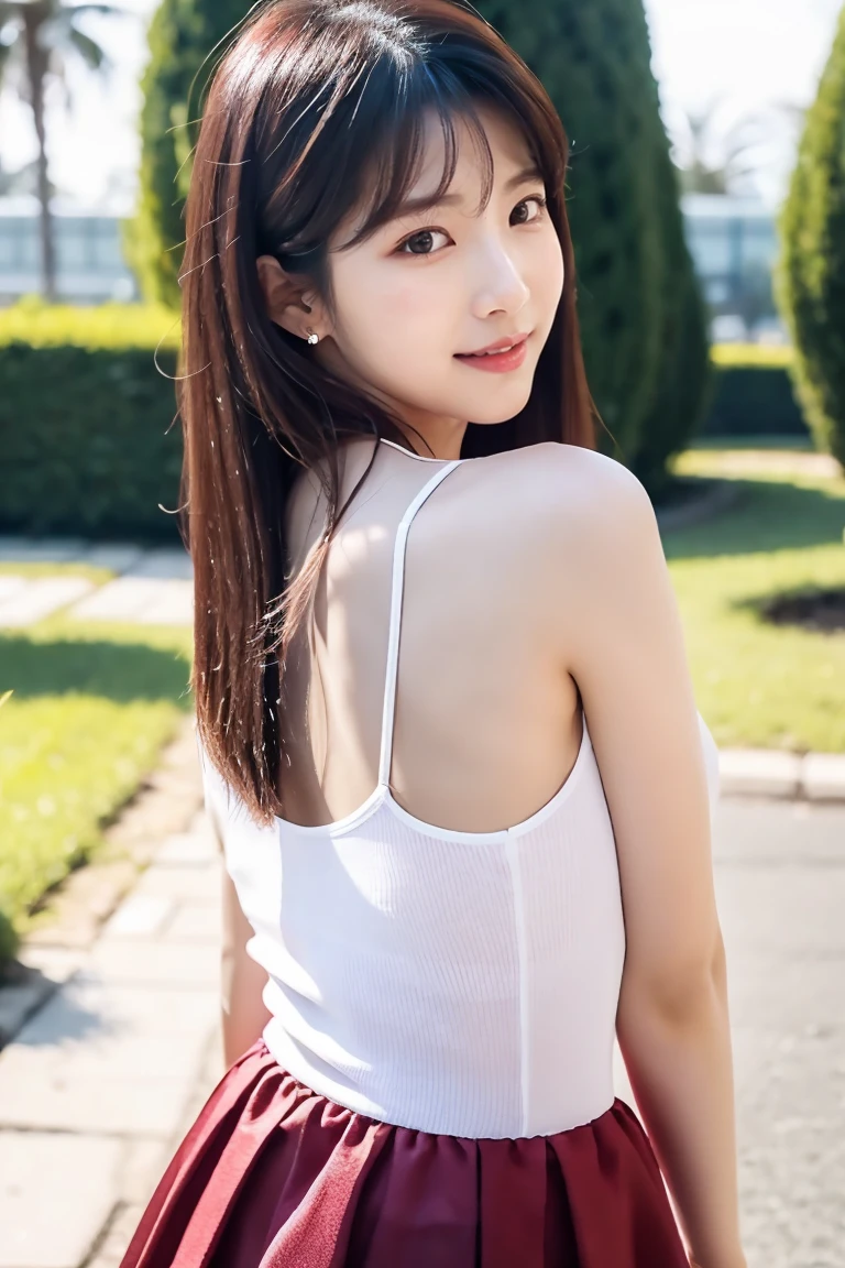 ((Park fountain:1.3)), (8k, RAW Photos, Highest quality, masterpiece:1.2), (Bun twin tail), alone, Looking at the audience, Viewed from the front, ((性欲が強いhigh school girl:1.3))、Beautiful white skin, knees, Absurd face is small, Part your bangs down the middle, The forehead is visible, Glare, ((Cute mischievous face:1.3)), Ultra-high resolution, cute, (Slender body line), Outstanding proportions, ((Smooth red knit dress:1.2)), high school girl, (Baby Face:1.5), Japanese women, Are standing, (Photorealistic:1.37), Photon Mapping, Realistic, cute顔が小さい, Brown eyes, prospect, Written boundary depth, Blurred Background, (I can see the bangs), Silky smooth hair, (Beautiful thin thighs:1.2), (Small beautiful butt:1.2), thigh, Nogizaka idol, Idol, (Detailed hands:1.2, Accurate hands:1.3, Beautiful little hands of a girl:1.3), (Small small breasts:1.3, Chest cutout), Super quality, Low people, (Clear white skin, Skin with visible pores:1.2), (Focus on the face), Check and correct the garment construction, (Perfect Anatomy:1.3), (Detailed eyes and face:1.3, Professional photography techniques), ((Mischievous gestures:1.2))
