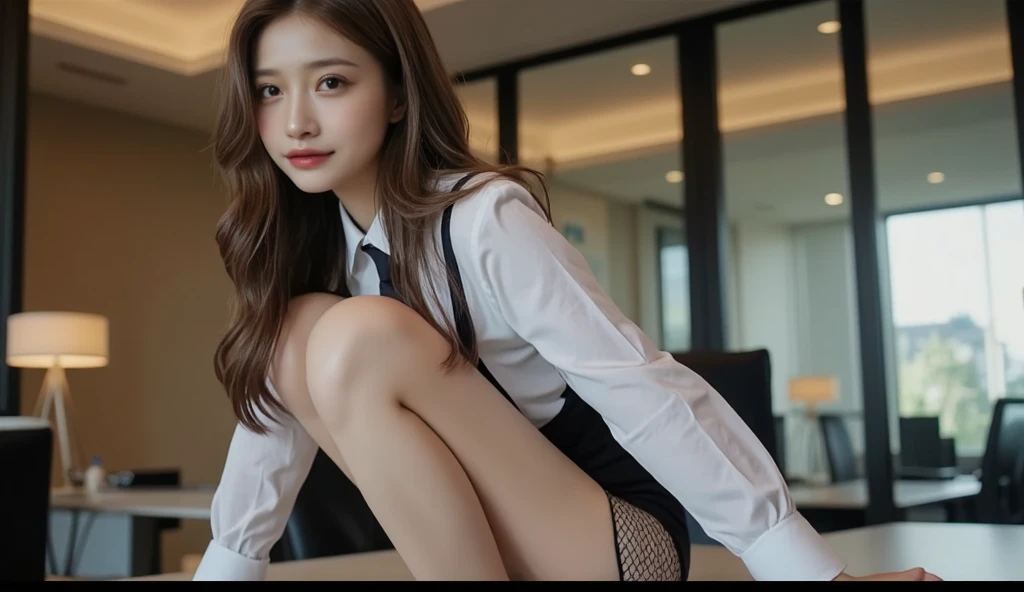 Masterpiece, highest quality, high resolution, solo presentation, school girl, sexy uniform, heeled shoes, stockings.
Authentic, photorealistic rendering, raw image, Authentic skin texture, film grain effect, narrow waist, panoramic view, close-up detail, kawaii expression, upturned gaze.
The school girl sits confidently in the image, her uniform clinging to her slender figure, the fabric short and tight, revealing a glimpse of her lacy stockings and high heels. Her heels rest on the floor, her feet crossed at the ankles, her hands tucked neatly in her lap, a mischievous smile playing on her lips.