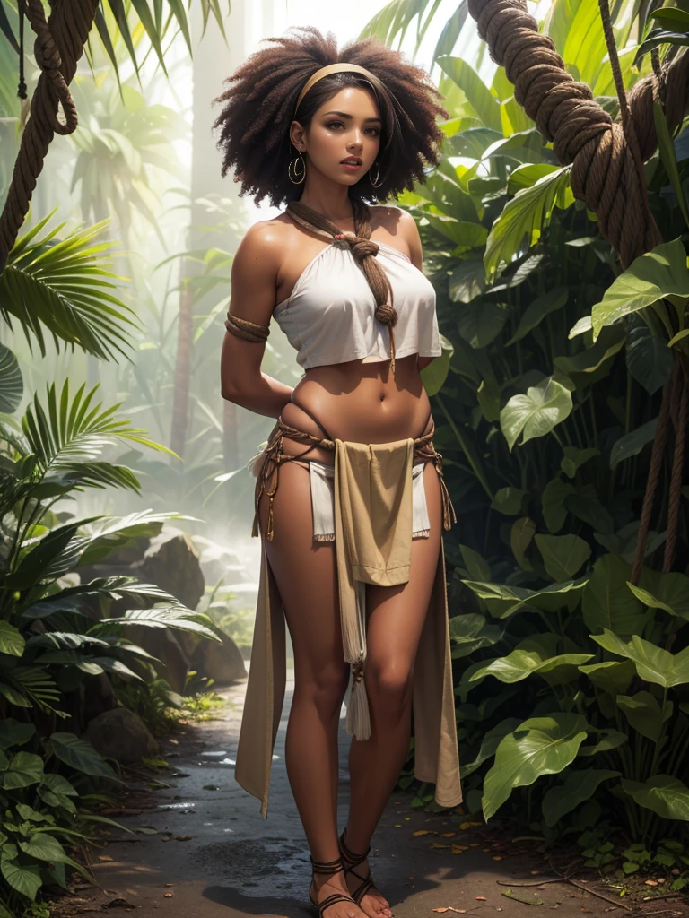 Style: "Prehistoric fantasy setting with a focus on authentic primitive clothing and accessories, reflecting the materials and craftsmanship of early human cultures."
Isanna is a beautiful prehistoric woman of the Negroid race.
Face: Oval face with high cheekbones. The eyes are large, dark brown with a slight golden tint, the nose is wide with a soft tip, full lips are dark burgundy. The hair is very curly, black, long, braided in numerous thin pigtails. The skin is dark brown, with a copper tint.
Body: High, with expressive rounded forms. Well-developed muscles, especially in the legs and arms. Large breasts, flat stomach, wide hips. The legs are long and strong.
Tattoo: Primitive design in the form of zigzag lines, covering the left arm from the shoulder to the wrist. A small sun on the forehead above the eyebrows.
Clothing:
A short bikini made of plant materials such as leaves and vines.
Belt made of bone beads and small shells.
Lifestyle and Personality: Isanna lives in the hot savannahs where she hunts large animals and gathers fruits. She is strong, brave and enduring, has a deep understanding of the rhythms of nature. Her character is passionate, she easily adapts to changes, and has great influence in her tribe.