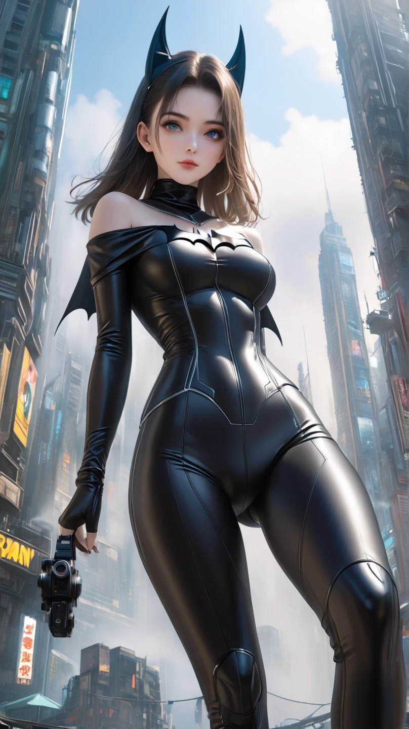Linda mulher corpo definido detalhado usando cosplay batman, seios grandes, gotham city, noite, cabelo branco