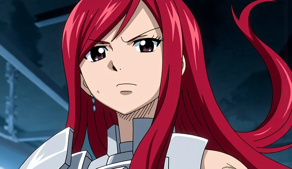 1girl, solo, erza scarlet, fairy tail, red hair, brown eyes, long hair, looking at viewer, serious, close-up, closed mouth, sidelocks, armor, upper body, <lora:erza:0.7><hypernet:sgqo1n:1.0>