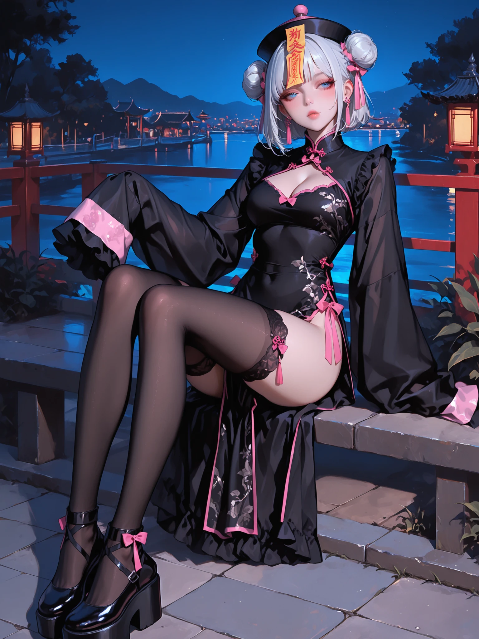 1girl, white silver hair, bob with bangs, blue eyes, skinny, long sleeves, hat, frills, black dress, hair bun, sleeves past wrists,clothing cutout, double bun, chinese clothes, frilled dress, cleavage cutout, pink bow, facing viewer, sleeves past fingers, ofuda, black footwear, black stocking, platform footwear, jiangshi, qingdai guanmao, masterpiece, best quality, amazing quality, ultra-Detailed, 8K, night, summer, outdoor, sit,