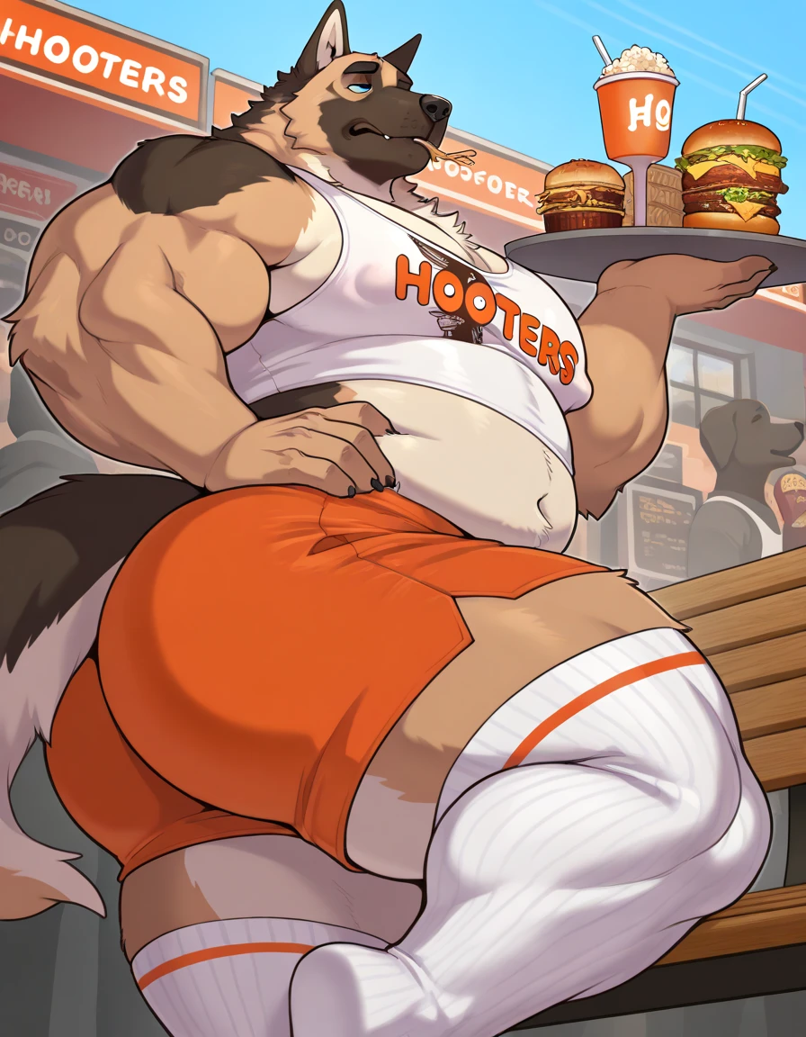 ((Goat)) ((Male)) ((Black fur, black belly)), Hooves, chest hair, large, overweight, very fat, big belly, belly, giant belly, massive belly, bloated belly, bulging belly, vore, gurgling belly, mpreg, pregnant. Lazy, dad, daddy, dilf, bara, adult, aroused. Bar, cozy lights, nighttime, cozy. Tank top and black jeans, red trucker cap and sunglasses. Sitting at bar, drinking, showing off belly, holding belly, smirking.
