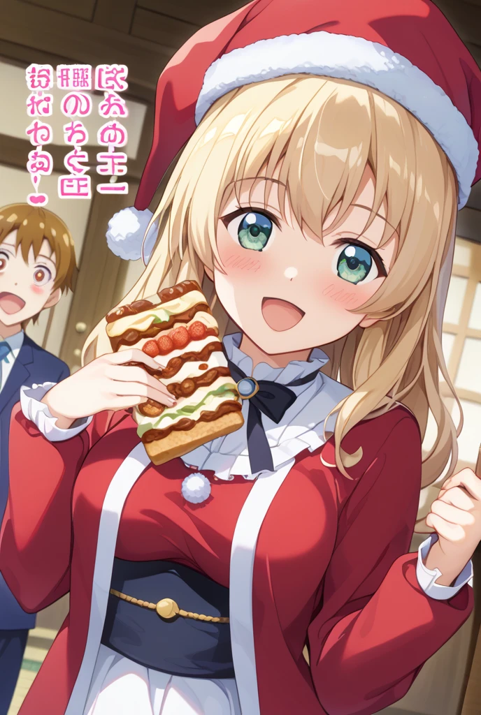two anime characters with light skin. The first character is a woman, she has short, light brown hair., green eyes, naked big breasts. He has deer antlers on his head and is holding and eating a cake. The second character is a man, he does not have deer antlers., He has short hair, naked and he is putting his cock in her pussy